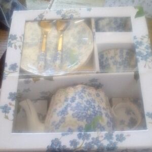Blue Floral Porcelain Tea Set with Gold Accent Spoons